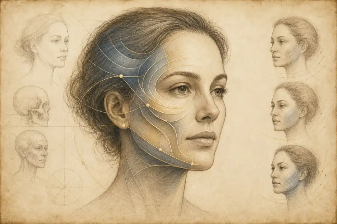 The Midface Reset in New York City — Dagan MD Renaissance-style Sculptra facial revolumization study showing connected cheek and temple support zones; not an actual patient result